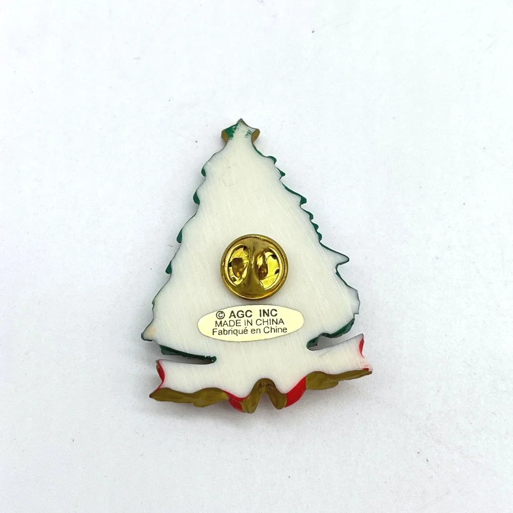 Vintage AGC Inc Christmas Tree Pin Brooch Red Bow Green Enamel Star‎ Moon